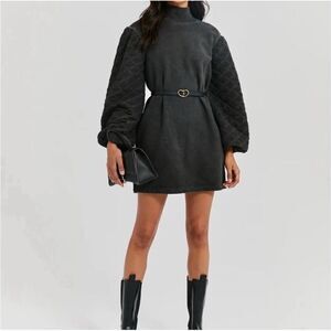 Something Navy Quilted Sleeve Sweatshirt Dress in Washed Black XXS NWT